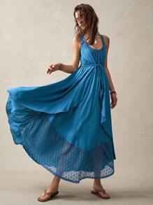 Bohemela 女士蕾絲拼接束腰無袖連衣裙，適合度假和休閒穿著 - 水鴨藍 - 查看 3