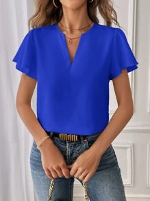 SHEIN Essnce Áo sơ mi nữ tay ngắn cổ chữ V màu trơn, đi làm thường ngày, mùa hè, áo tay ngắn - Xanh đậm - Xem 5