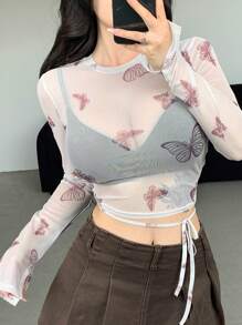 All Allover Print Butterfly Sheer Mesh See-Through Sexy Round Neck Tie-Up Crop Top With Long Sleeves - Redwood - View 7