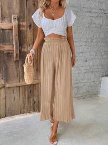 SHEIN Frenchy Women's Pleated Paper Bag Waist Allover Print Pants, Casual Holiday Long Trousers,Back To School Outfits,Fall Outfits,Office Wear,Commute,Minimalist,Old Money,Simple,Teacher Pants