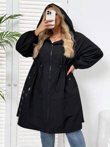 SHEIN CURVE+ 秋冬加大抽绳腰落肩连帽夹克 - 黑色 - 查看 9