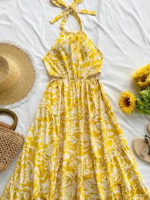 Soleia WYWH Women's Casual & Romantic Garden Style Sleeveless Dress, Suitable For Vacation, Easter, Graduation, Party, Luncheon, Afternoon Tea, Cute Casual Summer Wear. Yellow & White Floral Print, Halter Neck, Elastic Waist, Flared, Tie Back Sexy Dress - Multicolor - View 4