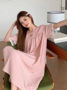 DAZY Chinese Style Round Collar Embroidery Lace Patchwork Homewear Dress Pajama - Pink - View 4