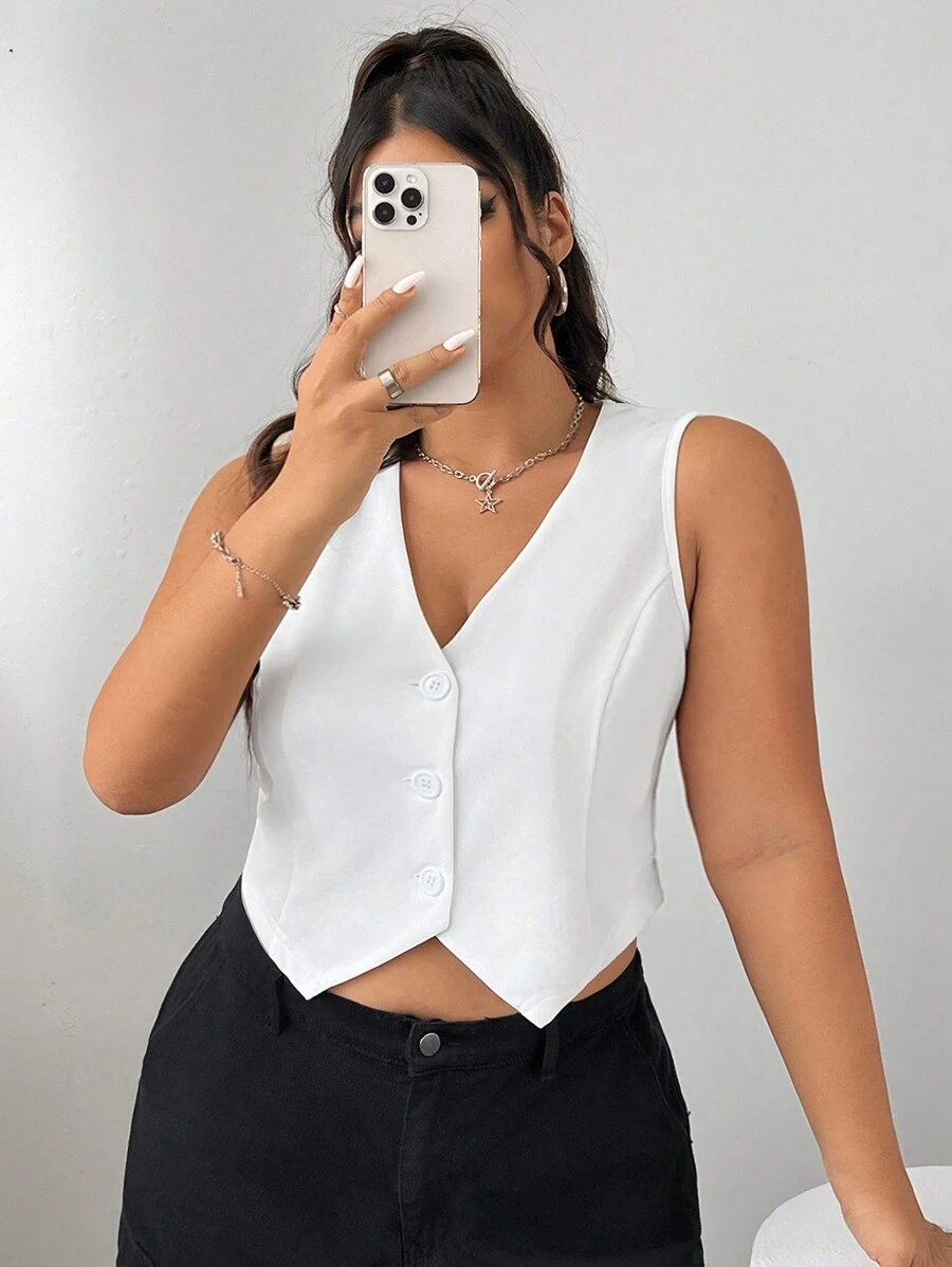 SHEIN EZwear 大码白色简约修身通勤西装背心,适合秋冬毕业、返校、教师服装的女士 - 白色 - 查看 1
