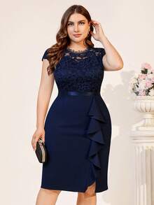 MIUSOL Vestido Plus Size De Renda Floral Transparente Com Babados Drapeado Coquetel Com Bainha Dividida