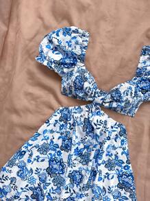 Soleia Women's Romantic Casual Floral Print Dress, Sweet And Cute Vacation/Party/Casual Summer Outfit, Podded Sleeve Ruffle Loose Waist Elastic Vacation Dress - Multicolor - View 2