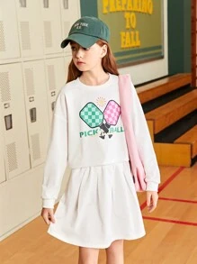 SHEIN Explorewe Tween Girls' Casual Tennis Racket & Letter Printed Long Sleeve Top And Skirt Set, Spring/Summer - White - View 6