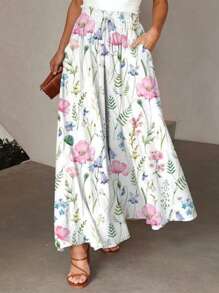 Chiquease Falda de talle alto con decoración de lazo y estampado floral para vacaciones, conjunto de ropa de mujer