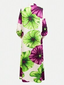 Seusyu Leisure Vacation Modest Long Sleeve Long Shirt Dress With Large Floral Print And Front Buttons - Multicolor - View 2