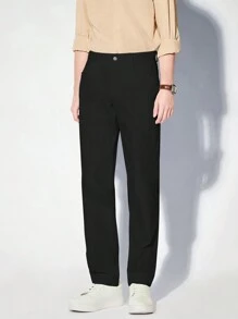 Manfinity RebelGame Men Solid Color Daily Commute Woven Slim Fit Pants With Pockets, Fall - Black - View 6