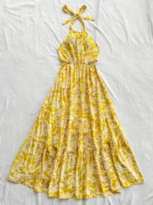 Soleia WYWH Women's Casual & Romantic Garden Style Sleeveless Dress, Suitable For Vacation, Easter, Graduation, Party, Luncheon, Afternoon Tea, Cute Casual Summer Wear. Yellow & White Floral Print, Halter Neck, Elastic Waist, Flared, Tie Back Sexy Dress - Multicolor - View 7