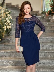 MIUSOL Sequin Floral Lace Round Neck Wrap Hem Cocktail Party Pencil Dress, For Valentine's Day - Navy Blue - View 6