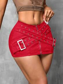 SHEIN SXY Women's Zipper Closure Door Placket Patched Pencil Denim Skirt With High Waist Buckle