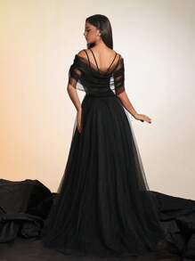 VIPGIRL Long Beaded Elegant Mesh Women's Evening Party Dress Black Formal Prom Wedding Guest Gown, For Graduation, Dinner - 黑色 - 查看 2