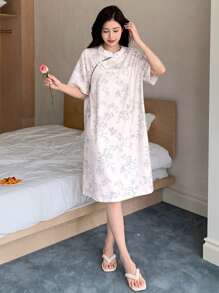 DAZY Sleepwear With Chinese Style Bamboo Print Full Circle Buckle Design - Beige - View 6