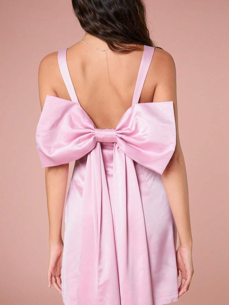 Summer Pink Mini Sleeveless Woven Women's Bow Princess Dress Without Elasticity,For Graduation Party,Cocktail And Prom 