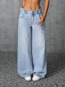 SHEIN ICON Women's Loose And Casual Wide Leg Denim Pants With Pockets