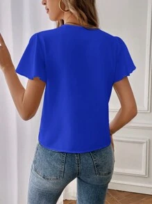 SHEIN Essnce Áo sơ mi nữ tay ngắn cổ chữ V màu trơn, đi làm thường ngày, mùa hè, áo tay ngắn - Xanh đậm - Xem 2