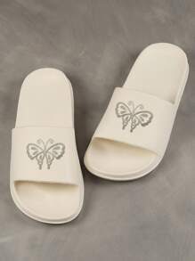 时尚女士塑料拖鞋，夏季可爱卡通白色一脚蹬凉鞋，柔软，平底，适合浴室和淋浴