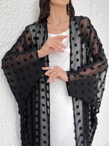 Al Najma Polka Dot Fuzzy Cut Floral Transparent Arabic Abaya Outerwear, Modest Robe - Black - View 3