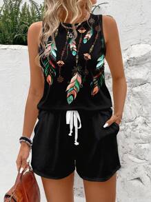 SHEIN LUNE Conjunto de 2 piezas con top corto sin mangas con estampado de plumas y top tipo camiseta de talla grande, apropiado para el verano