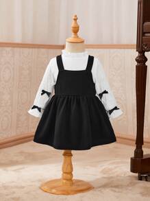 Baby Girl Mock Neck Flounce Sleeve Bow Detail Blouse & Cami Dress - Black and White - View 5