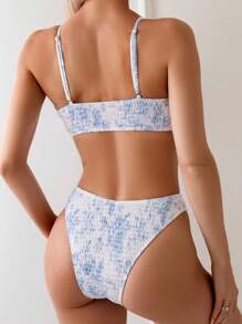 Women's Summer Beach Floral Print Wraparound Sexy Bikini Set, Random Print - Blue and White - View 2