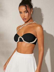 Hauture Pearls Beaded Strap Cross Crop Top - Black - View 3