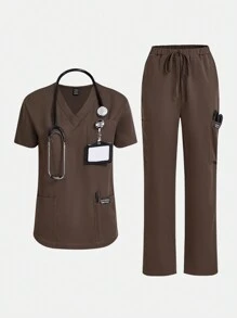 TaskEZ Women Scrub Uniforms Scrub Uniform Set With Top And Large Pockets Pants - Coffee Brown - View 6