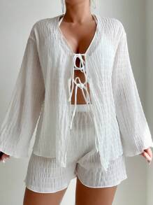 SHEIN Swim 2 piezas/set Ropa de playa de unicolor con textura, para el verano - Blanco - Ver 1