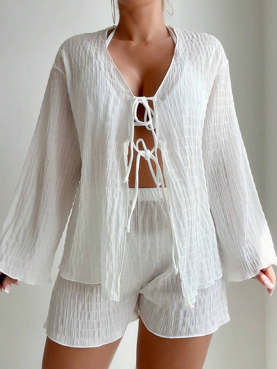 SHEIN Swim 2 piezas/set Ropa de playa de unicolor con textura, para el verano - Blanco - Ver 1