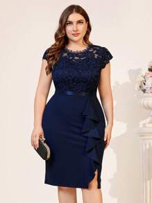 MIUSOL Vestido Plus Size De Renda Floral Transparente Com Babados Drapeado Coquetel Com Bainha Dividida