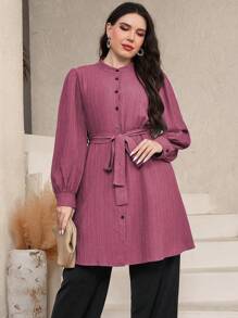 Mulvari Elegant Plus Size Women's Solid Color Stand Collar Long Sleeve Waist Tie Commuting Shirt, Spring/Summer, Longline Modest Shirt Fall Cloth For Women