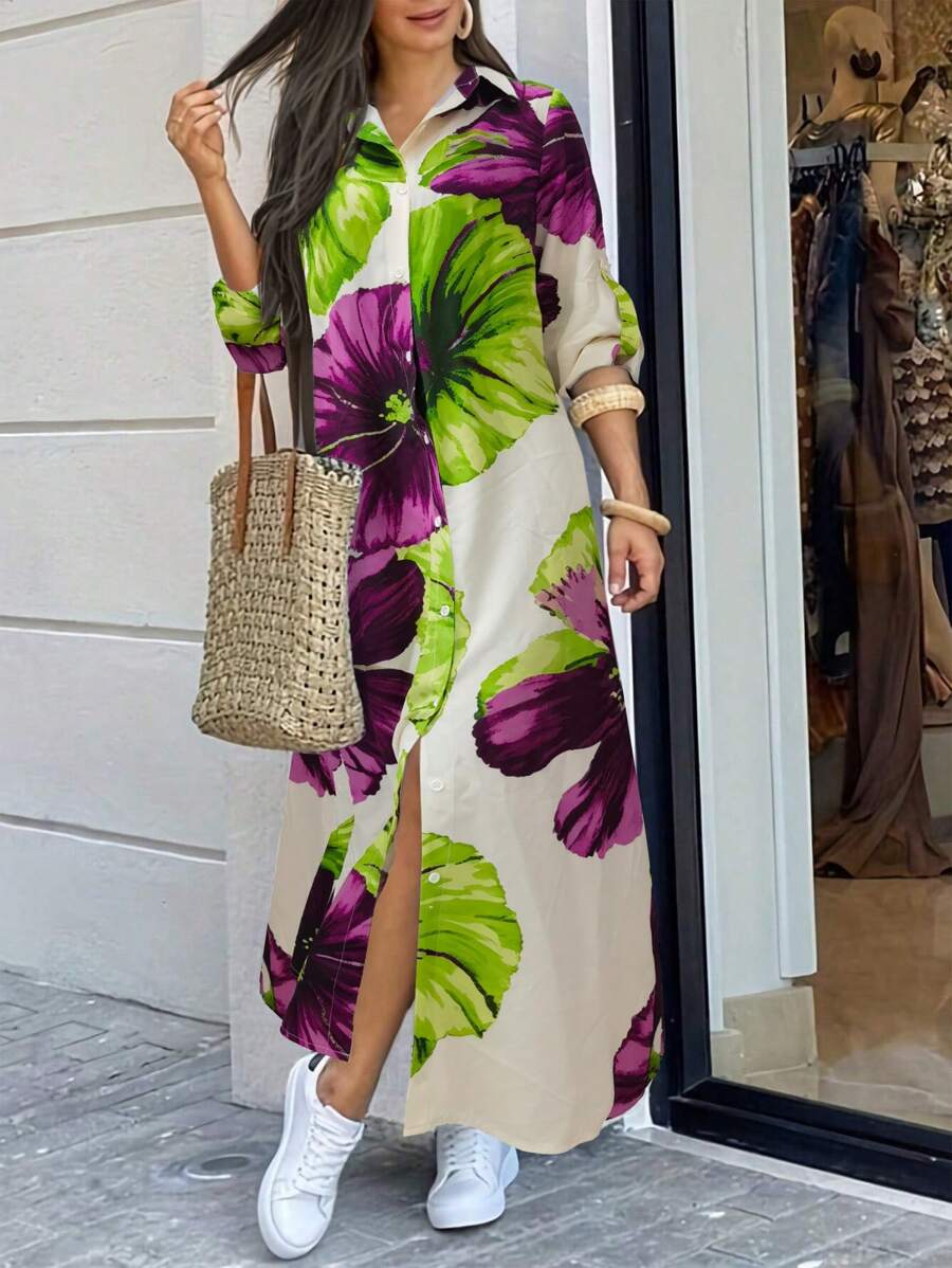 Seusyu Leisure Vacation Modest Long Sleeve Long Shirt Dress With Large Floral Print And Front Buttons - Multicolor - View 1