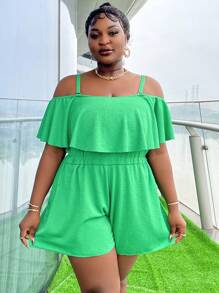SHEIN Slayr Plus Size Summer Solid Color Open Shoulder One-Piece Swimsuit For Beach - Green - View 5