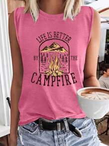 INAWLY 女士夏季休闲山脉字母印花背心 篝火旁的生活更美好 - 粉色 - 查看 1