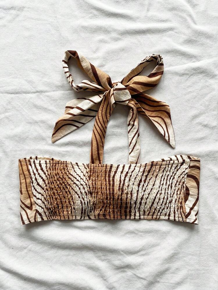 Women's Khaki Wave Patterned Finished Crossed Strap Neck Slim Fit Camisole For Beach Vacation, Comfy Fabric