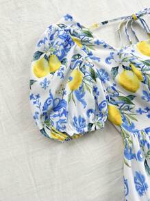 Soleia Women's Shirred Puff Sleeve Lemon Printed Tie Waist Mini A-Line Dress, Vacation Afternoon Tea Party Summer Dress - Multicolor - View 7