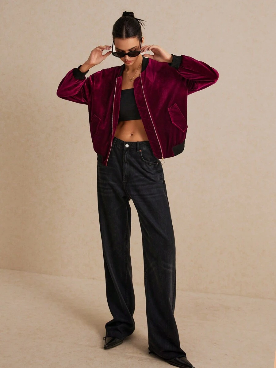 SHEIN Frenchy Velvet Bomber Jacket With Long Sleeve Baseball Collar And Zipper Closure, Women Clothes, Fall Winter Clothes, Solid Color, Sweatshirt, Oversized, Red, Going Out