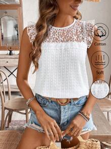 SHEIN Frenchy 女士圓領純色蕾絲拼接夏季休閒襯衫