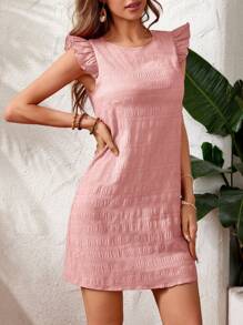 SHEIN VCAY Vestido corto rojo con textura de burbujas sólido con mangas abullonadas - Rosa - Ver 4