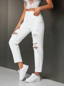 SHEIN Women's Pocketed Ripped Tapered Casual Jeans - White - View 5