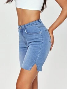 SHEIN EZwear 實色修身牛仔短褲，附帶口袋和側開衩，夏季休閒款 - 中等水洗藍 - 查看 4