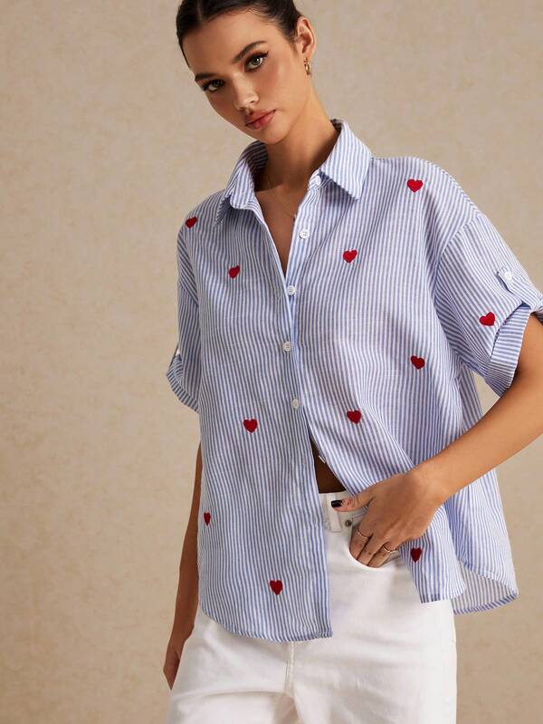 Poéselle Blue Stripe Heart Embroidery Off Shouler Short Sleeve Blouse, Effortless Chic, Casual Style, Summer Blouse