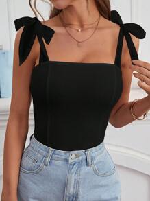 SHEIN Frenchy 系带肩部吊带背心夏季上衣度假服装 - 黑色 - 查看 3