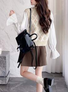 Vintage Plaid V-Neck Button-Front Cardigan Vest, Casual For Spring Autumn