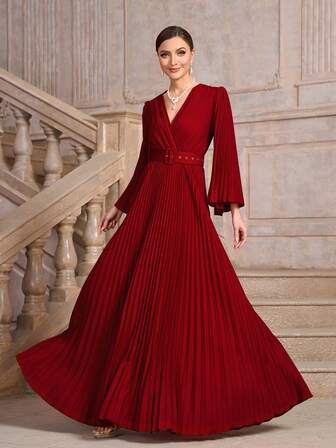 Vacanță, albastru deschis, cu mâneci lungi, cu decolteu în V, pliat, tiv mare, cu centură, rochie de vară pentru femei, ținute de vacanță pentru femei