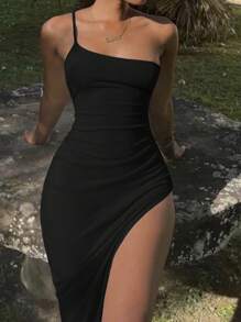 Lunelith SHEIN Lunessa Damen Sommer einfarbiges schulterfreies gerüschtes seitlich gesplissenes sexy langes Kleid Outfit für Frauen