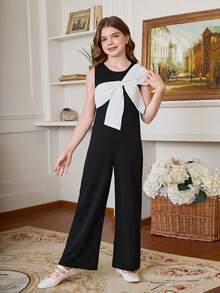 Bộ áo liền quần dài tay cổ tròn trang trí thanh lịch dành cho nữ sinh Tween - màu đen - Xem 3