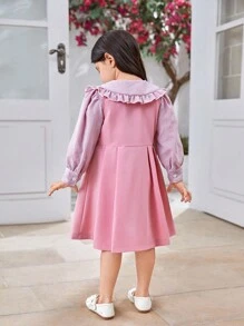 SHEIN New Arrival Girls' Sweet Pink Plaid Shirt With Peter Pan Collar, Buttoned Cuff And Solid Color Pleated Tank Dress Set, Spring & Autumn - Pink - View 2